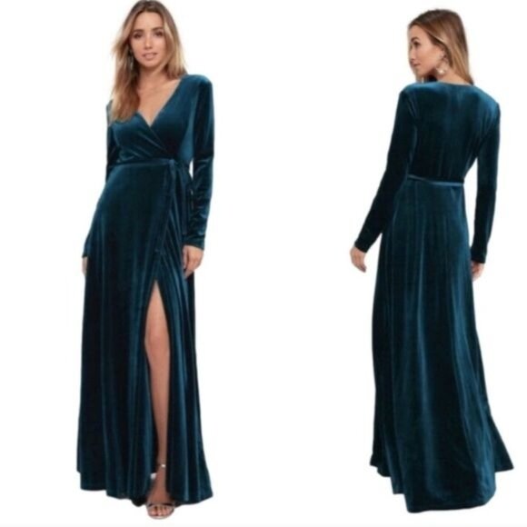 Lulus Dresses & Skirts - Lulus Jacinda Teal Blue Velvet Wrap Maxi Dress Sz M Renaissance Dark Romance